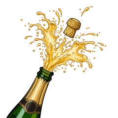 Champagne bottle erupting with sparkling liquid and cork flying  