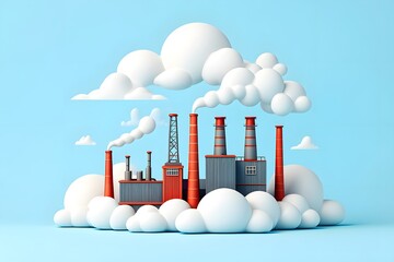 Surreal Landscape of Industrial Factories Emerging from Puffy White Clouds Floating Low to the Ground