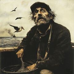 Old fisherman working on a holed fishnet onboard