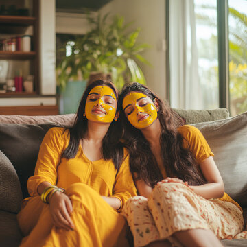 young indian woman applying turmeric pack on the face