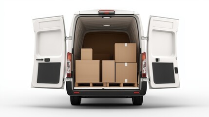 Delivery van loaded with cardboard boxes, rear doors open. Transportation and moving concept