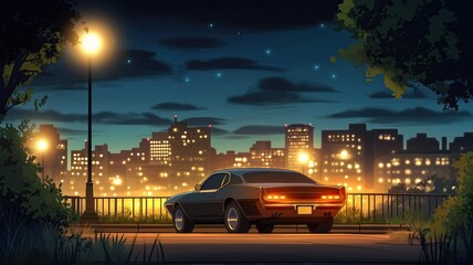 Retro muscle car parked at night in city with glowing skyline and streetlights