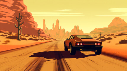 Vintage rally car racing on desert road with palm trees and mountains under blue sky