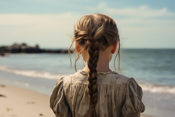Young girl with long braided hair standing on beach facing ocean during sunset