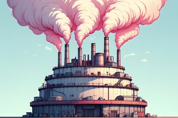 Three-Tiered Factory Building Shaped Like a Round Layer Cake with Functional Smokestacks on Each Level