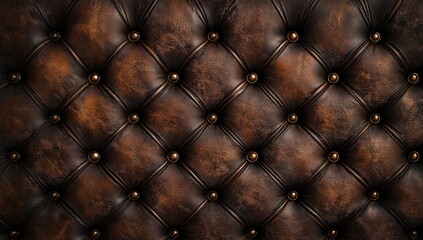 Close-up view of dark brown leather upholstery with diamond-quilted pattern and brass-colored studs
