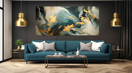 Modern interior living room with abstract swirl painting above dark blue sofa