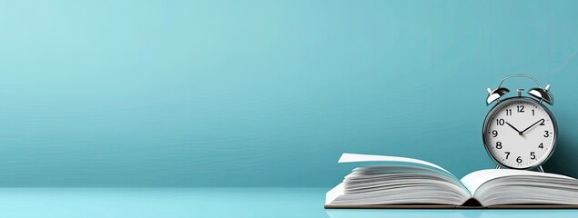 An open book rests on a light teal surface, with a vintage-style alarm clock positioned beside it