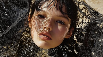 Fashion portrait of a woman with glittering black veil and golden reflections