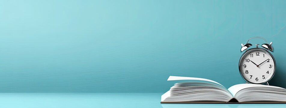 An open book rests on a light teal surface, with a vintage-style alarm clock positioned beside it - Powered by Adobe