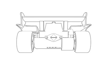 Mini 4WD Race Car Wireframe Illustration: Technical Drawing Line Art of a 4WD Yonku Hobby Race Car Schematic, Monochrome Simple Outline Vector for Engineering, Racing, or Model Car Projects.