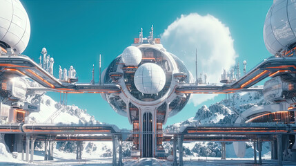 Futuristic space city with elevated walkways, sci-fi architecture and clear blue sky