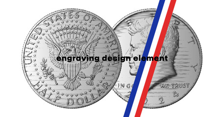 Vector engraving, design element. 50. Modern US cents. Obverse and reverse of change coin of United States of America. American money. Fifty. Sample