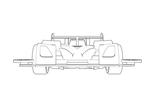 Mini 4WD Race Car Wireframe Illustration: Technical Drawing Line Art of a 4WD Yonku Hobby Race Car Schematic, Monochrome Simple Outline Vector for Engineering, Racing, or Model Car Projects.