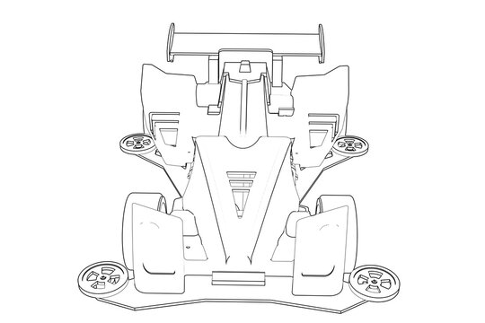 Mini 4WD Race Car Wireframe Illustration: Technical Drawing Line Art of a 4WD Yonku Hobby Race Car Schematic, Monochrome Simple Outline Vector for Engineering, Racing, or Model Car Projects.