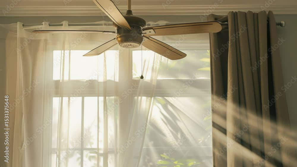 Poster a ceiling fan sits in front of an open window, with natural light streaming in