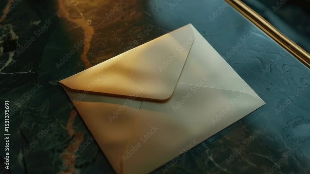 Poster a close-up shot of an envelope sitting on a table, with the flap open and contents visible