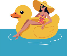 Woman in floral swimsuit relaxing on large yellow duck float in blue water vector illustration 