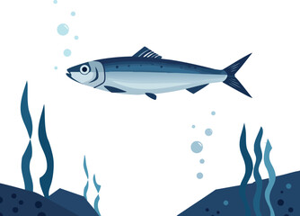 Blue fish swimming underwater with seaweed and bubbles vector illustration 
