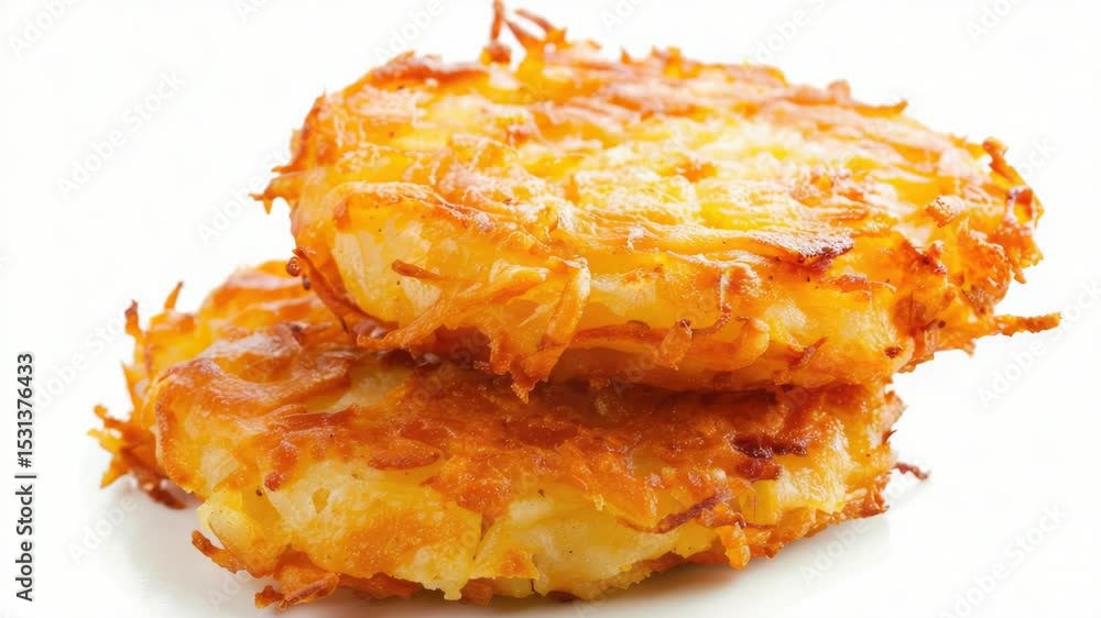 Poster a stack of crispy hash browns on a white surface
