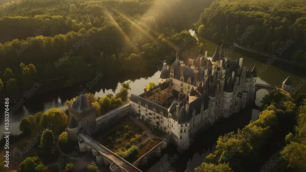 Poster aerial view of a medieval-style castle surrounded by dense trees
