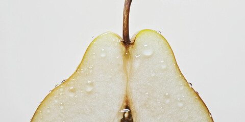 Close-up of half a juicy pear with water droplets showing freshness