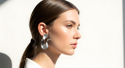 Fototapeta premium An attractive European woman with light brown hair tucked behind her ears, wearing sculptural modern earrings made of matte metal in abstract shapes.