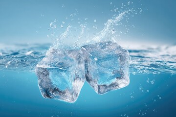 Obraz premium Two ice cubes splashing into water