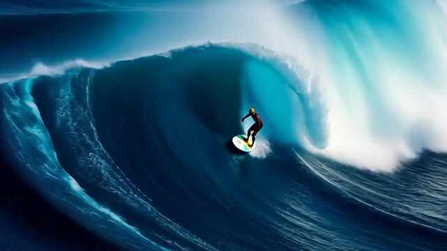 Surfer riding a massive wave