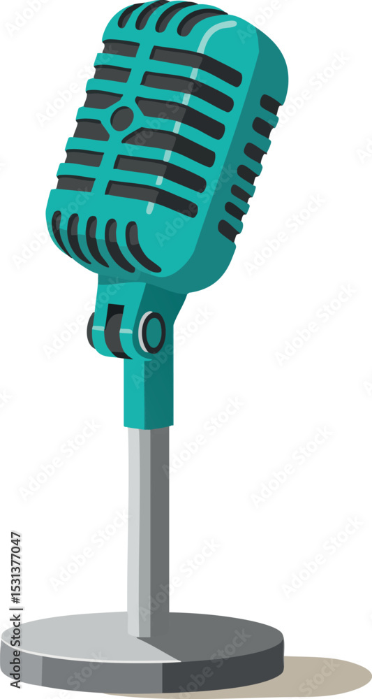 Poster retro style turquoise microphone on stand vector illustration with shadow effect