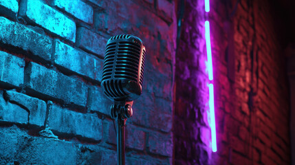 Retro microphone stands before brick wall with neon lights illuminating karaoke bar