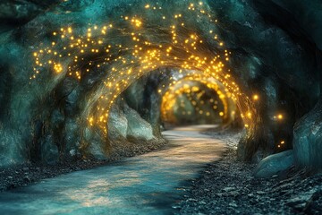 Underground crystal tunnels lit by fireflies