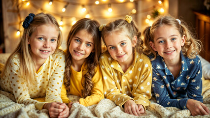 Girls' night cozy pajama partyюFour young girls in cozy pajamas posing together on a bed with soft blankets and fairy lights