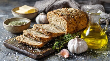 Flat lay of multigrain bread, olive oil, oregano and garlic, clean stone slab background