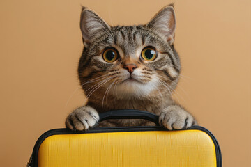 Cute cat holding a yellow suitcase getting ready for vacation