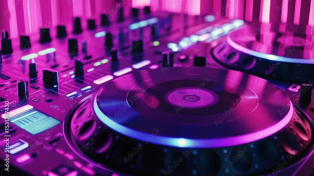 Poster Close-up shot of a DJ's turntable with a purple glow in the background, ideal for use in music-related projects or as a design element