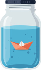 Paper Boat Floating in Blue Water Inside Glass Jar Vector Illustration Simple Design 