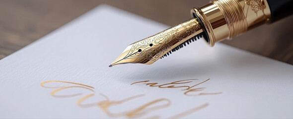 Elegant gold fountain pen writing a note on white paper
