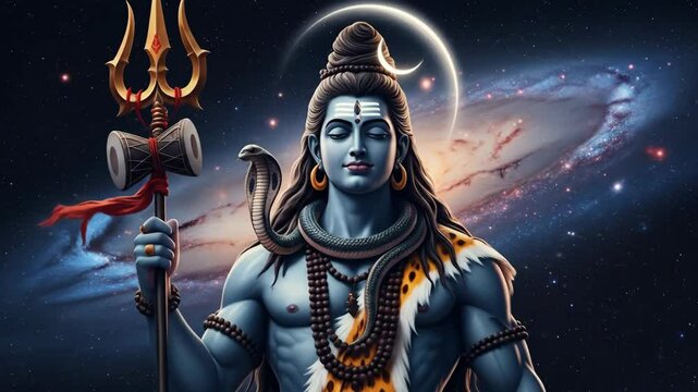 Divine portrayal of hindu god shiva standing against cosmic galaxy background spiritual and mystical art