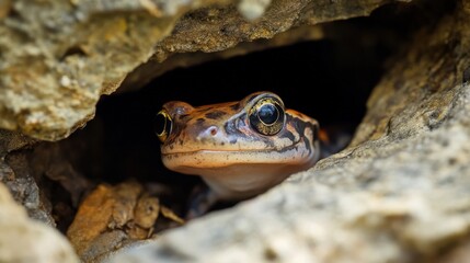 A frog peeks from a dark crevice inside of some rocks