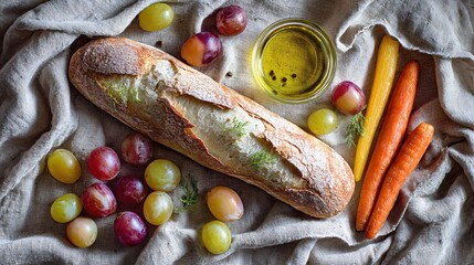 A flat lay with ciabatta, oil, halved grapes and colorful carrots, creamy cloth