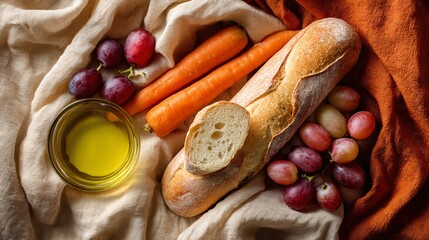 A flat lay with ciabatta, oil, halved grapes and colorful carrots, creamy cloth