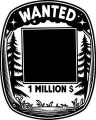 Stylized wanted poster design with a blank area and forest theme in a monochrome style