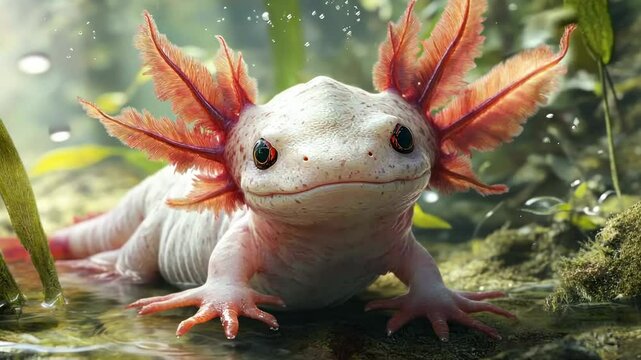 Cute amphibian,  feathered gills, water scene