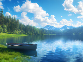 Obraz premium Serene Lakeside Vista Rowboat Mountains and Sky isolated on transparent background