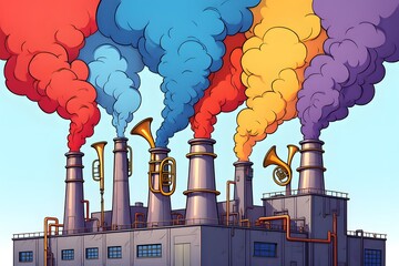 Whimsical Factory Building with Multiple Large Cylindrical Smokestacks Featuring Creative and Playful Designs