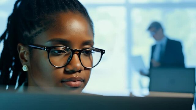 African American woman with multi colored dread locks in front of laptop monitor in office. The woman&rsquo;s multi-colored dreadlocks add flair as she works diligently on her laptop in a modern office.