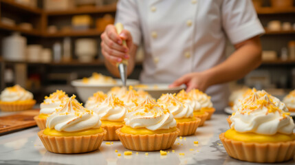 Professional pastry chef decorates lemon tarts with whipped cream and sprinkles in a bakery kitchen setting with copy space