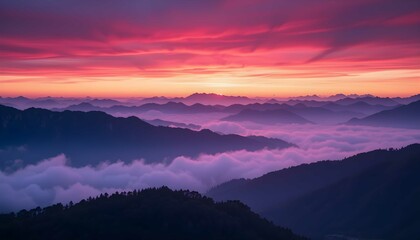 Obraz premium Beautiful mountain range landscape at sunset with pink and purple sky