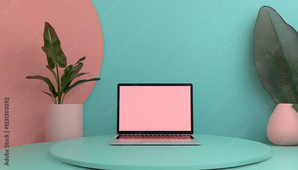 Poster laptop with blank screen on a red background. 3d rendering.